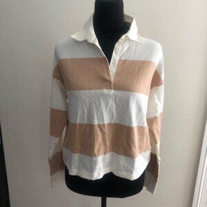Aerie Women's Striped Long Sleeve Polo XS Shirt 100% Cotton Cream & Taupe NWT‎